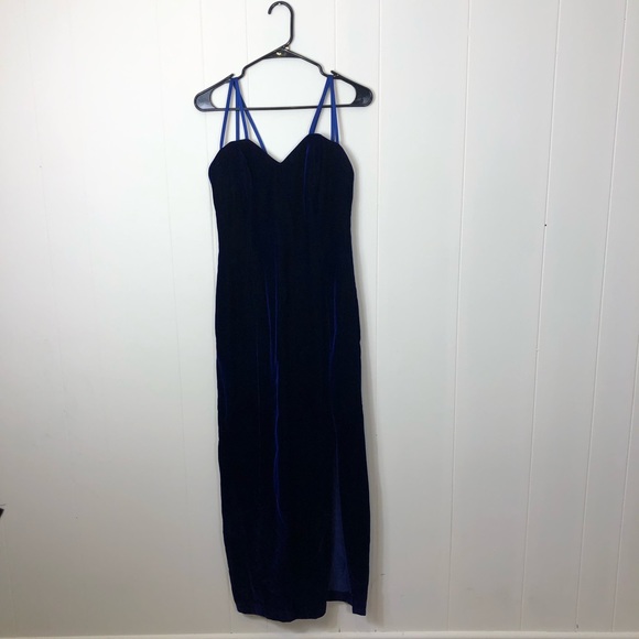 Vintage Blue Velvet Maxi Dress Sz S - Picture 1 of 11